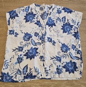joie Linen Blend Button Front Blouse Top Cap Sleeve Blue Floral 1X V Neck